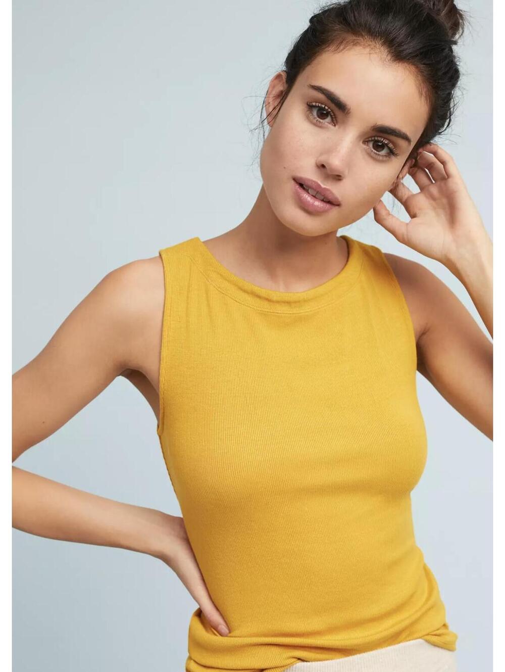 Anthropologie Yellow Ribbed Boat Neck Tank Top SMALL Gold Mustard Goldenrod